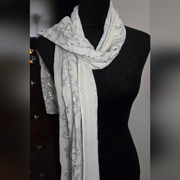 Cejon Off White Sheer Silver Sequin Scarf Wrap Shawl - Picture 2 of 15